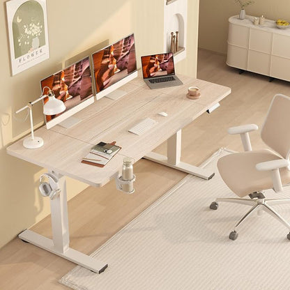 Standing Desk,Large 71x31 Inches Height Adjustable Stand Up Desks with Cable Management, Home Office Computer Desk 2 Box Packaging with Cup Holder & Memory Preset, White Wood Grain