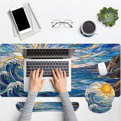 Britimes Blue Ocean Coastal Keyboard Mouse Pad Set Sunrise Abstract 4in1 Large Mousepad+Keyboard Wrist Rest+Mouse Wrist Rest+Coaster Ergonomic Design for Home Office Computer 35.4x15.7 inches