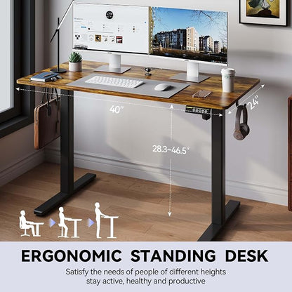 Electric Standing Desk,40x24 Inches Adjustable Height Stand up Desk, Sit Stand Home Office Desk with Splice Board, 3 Preset Heights,Equipped with Hooks,Ergonomic Computer Workstation，Brown