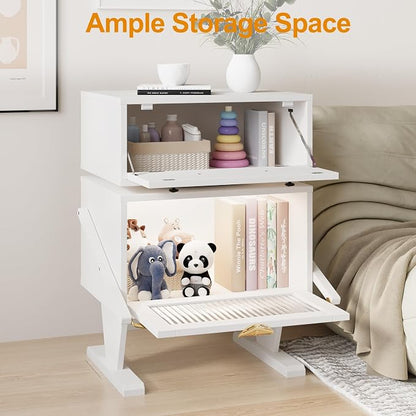 RoyalCraft Large Nightstand with LED Lights, White End Table with 360°Rotating Drawer, Modern Bedside Table with Storage, Wood Night Stand for Bedroom, Home Office, White