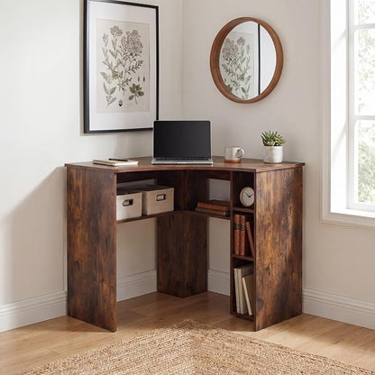 Giantex Corner Desk, Triangle Computer Desk with Charging Station, Open Storage Shelves and Curved Edge, Industrial Space Saving Writing Desk for Small Spaces, Home Office, Bedroom