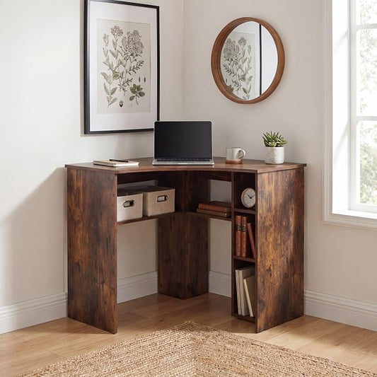 Giantex Corner Desk, Triangle Computer Desk with Charging Station, Open Storage Shelves and Curved Edge, Industrial Space Saving Writing Desk for Small Spaces, Home Office, Bedroom