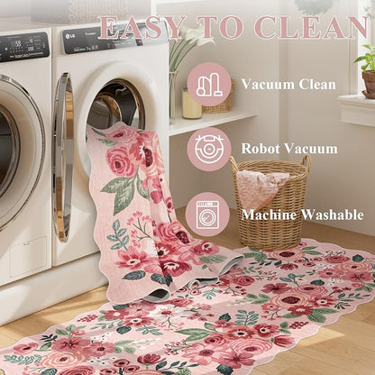 DUKINO 3x10 Washable Runner Rug, Non Slip Floral Ultra Soft Runner for Hallway, Lightweight Low Pile & Stain Resistant Long Throw Carpet for Kitchen, Bathroom, Entrance, Bedroom, Kids Room, Pink