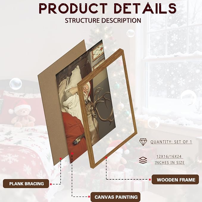 Framed Christmas Wall Art, Vintage Santa Claus and Reindeer Canvas Prints Winter Holiday Home Decor Christmas Wall Decor for Bedroom Living Room – 16x24in