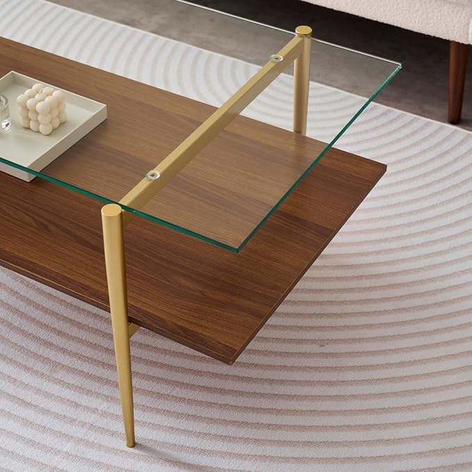 LumFurn Rectangle Coffee Table, Mid-Century Modern Design, L41 W21 x H17, for Living Room, 2-Tier Structure, Clear Glass Top and Walnut MDF Shelf, Sleek Conical Metal Legs with Gold Finish