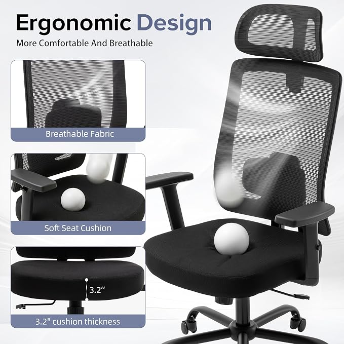 Ergonomic Office Chair with Headrest, Mesh Office Chair for Long Sitting, Comfortable Desk Chair with Flip-Up Arms, Adjustable Swivel Computer Chair for Home Office, Study, Gaming, Black