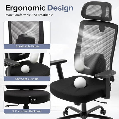 Ergonomic Office Chair with Headrest, Mesh Office Chair for Long Sitting, Comfortable Desk Chair with Flip-Up Arms, Adjustable Swivel Computer Chair for Home Office, Study, Gaming, Black