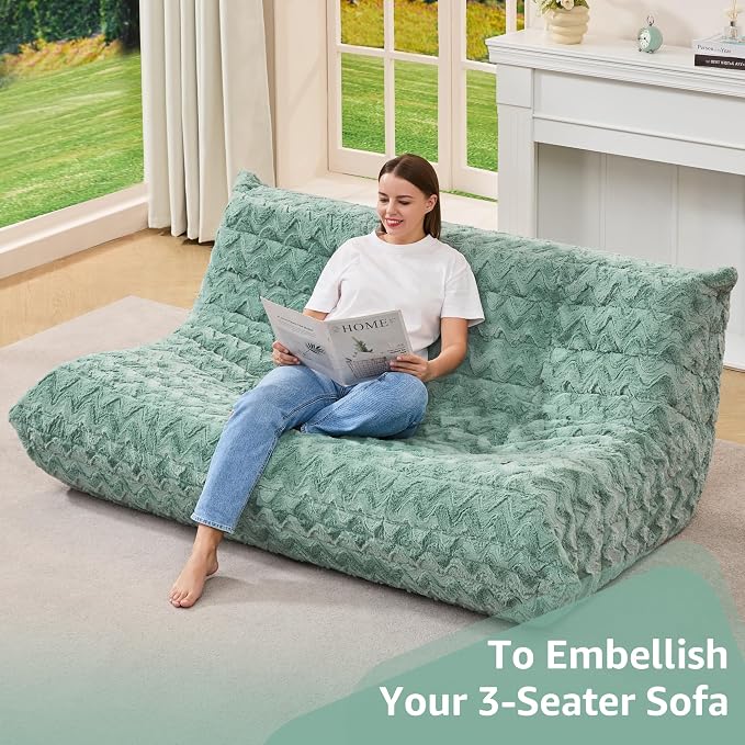 Hobestluk Giant Bean Bag Chair Faux Fur BeanBag Couch for Living Room | Green Chevron, 3-Seater,Ergonomic Design,Memory Foam,Anti-slip Bottom,No Assembly Required,Decorative Style for Living Room