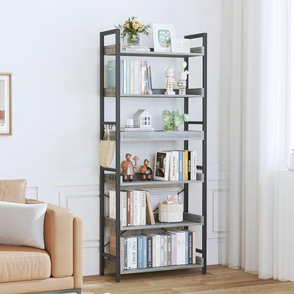 HCHQHS 6 Tier Bookshelf, Adjustable Industrial Bookcase, Vertical Tall Book Shelf, Wood and Black Metal Open Bookshelves for Home Office, Living Room, Bedroom