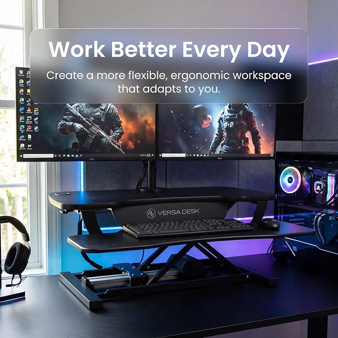 VERSADESK PowerPro 36 Inch Electric Standing Desk Converter – Push-Button Height Adjustable Sit to Stand Desk Riser for Dual Monitors & Laptop – Motorized Desktop Workstation with Wide Keyboard Tray
