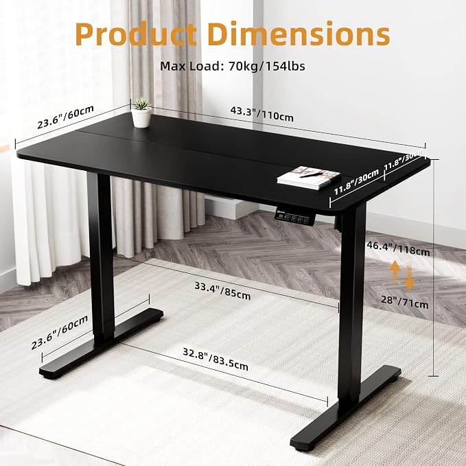 ERGOMAKER Electric Standing Desk, 43.3" x 23.6" Height Adjustable Sit Stand Desk with Splice Board for Home Office, Computer Desk Memory Preset (Black Frame, Black Desktop)
