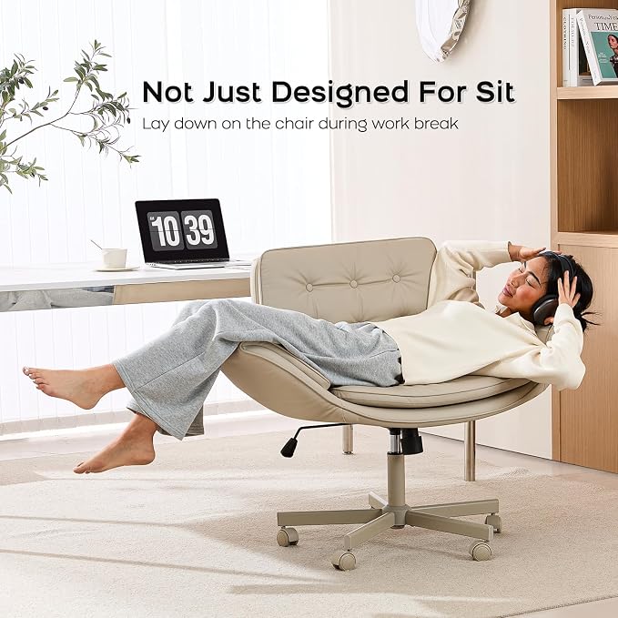 amseatec Criss Cross Office Chair, PU Leather Vanity Chair with 5-Level Adjustable Armrests & Swivel, Ergonomic Criss Cross Chair for Home Office Bedroom Makeup（Cream）