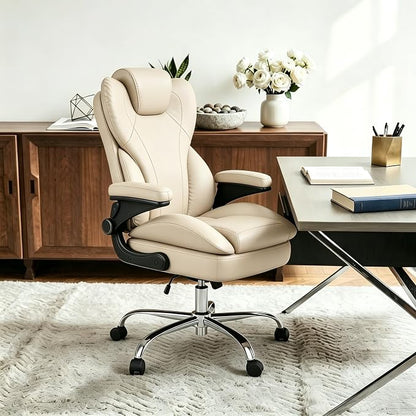 Office Desk Chair, Executive Leather Office Chair, High Back Ergonomic Home Desk Chair with Padded Flip-up Arms, Big and Tall Computer Chair with Rocking Function, 360°Swivel Free, Beige
