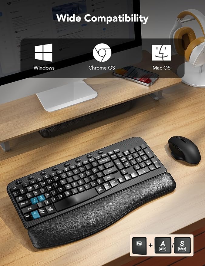 SABLUTE Wireless Keyboard and Mouse Combo – Ergonomic Wave Key, Built-in Leather Soft Palm Rest, 2.4G Full Size, 6-Button Mouse with 4-Level DPI, Dual USB-A/USB-C, MA12 for Windows & macOS Compatible