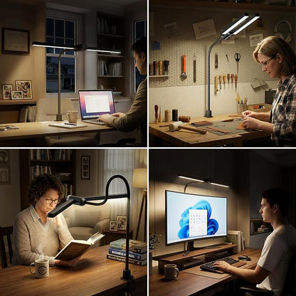 Honeywell Led Desk Lamp with Clamp - HJ4 Sunturalux™, Flexible Dual‑Head Clip‑On Gooseneck Desk Lamps for Home Office, 4 Color Temperature Modes, Stepless Dimming Eye Caring Computer Light, Black