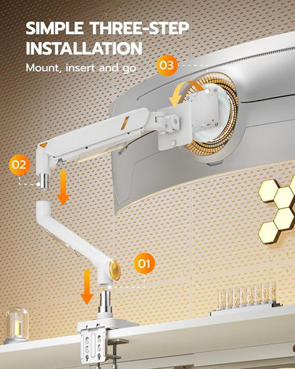 ARES WING Monitor Arm for 17-49 Inch, Ultrawide Single Monitor Mount Holds up to 44lbs, Heavy Duty Mechanical Spring Monitor Stand Adjustable Arms, 75/100 VESA Mount with Clamp/Grommet Base, White