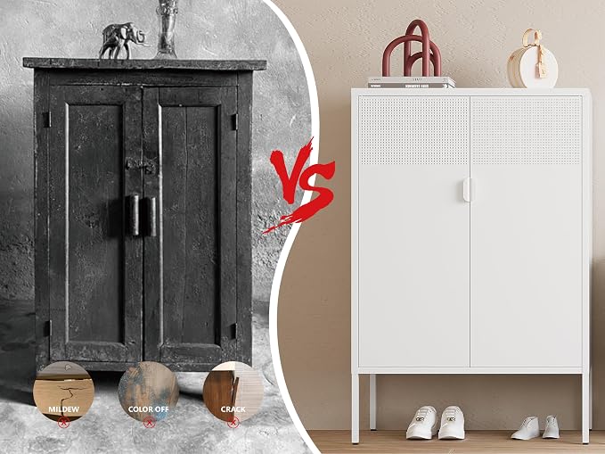 Metal Storage Cabinet,2 Door TV Stand, Metal Mesh Accent Cabinet,Magnetic Door Closure,Low Storage Cabinets with Doors and Shelf for Home,Office,Living Room