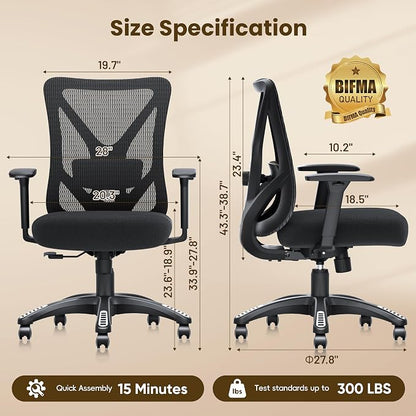 Ergonomic Office Chair, Mesh Computer Desk Chairs with Adjustable Lumbar Support, 3D Armrests, Tilt Function, Comfy Wide Seat, Executive Work Task Chair for Company and Home (Sponge Cushion)