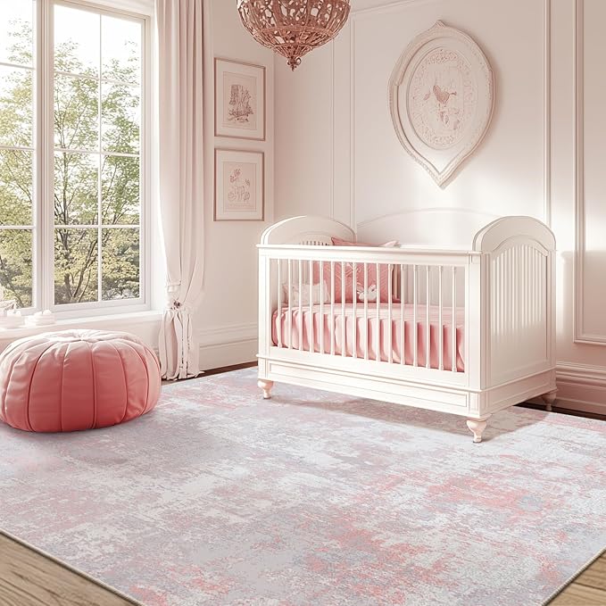 RELEANY Washable Area Rugs 4'x5' Non-Slip Modern Abstract Soft for Living Room Entryway Bedroom Kitchen, Print Pattern, Grey Pink