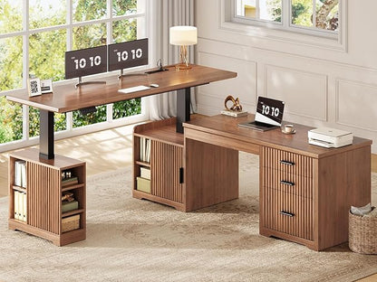 SEDETA Fluted L Shaped Electric Standing Desk, 63" x 67" Height Adjustable Home Office Executive Desk with Drawers and Shelves, Two Person Desk with Power Outlet for Home Office, Brown