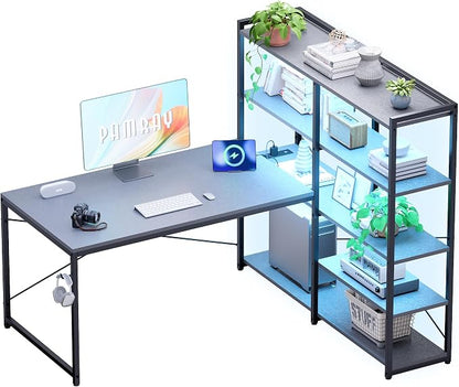 Pamray L Shaped Computer Desk with Reversible Side Storage Shelves, 49 Inch Gaming Desk with Power Outlets and Led Lights, PC Table for Home Office and Bedroom Grey