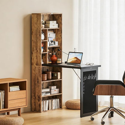 Folding Writing Desk with Storage Shelves, Fold Out Convertible Wall Mounted Table with Blackboard, Foldable Computer Murphy Desk for Small Spaces,Home Office (Natural)