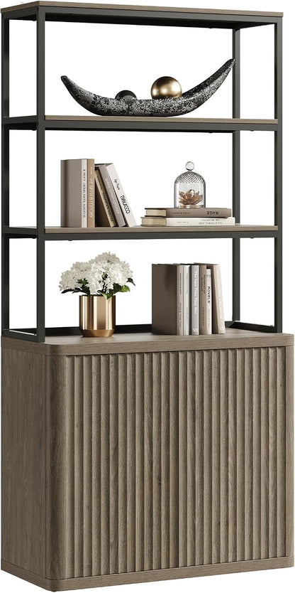 SICOTAS Book Shelf Fluted Bookshelf 71" Tall Bookcase with Doors Storage 5 Tier Mid Century Modern Bookshelves Large Shelves Metal Book Cases for Living Room Office Kitchen Library