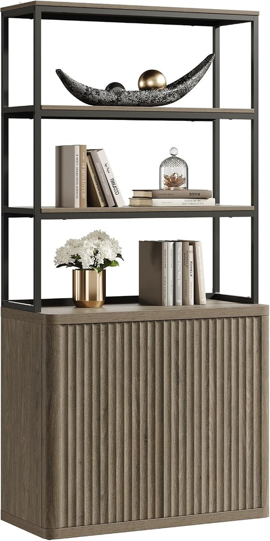 SICOTAS Book Shelf Fluted Bookshelf 71" Tall Bookcase with Doors Storage 5 Tier Mid Century Modern Bookshelves Large Shelves Metal Book Cases for Living Room Office Kitchen Library