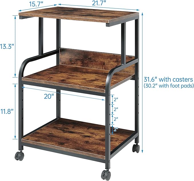 Fannova Printer Table Stand with Height Adjustable Shelf, 3 Tier Rolling Printer Cart with Wheels for Home Office Storage and Organization, Industrial Style