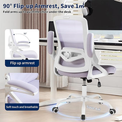 Ergonomic Office Chair, Desk Chair with Adjustable Lumbar Support, Breathable Mesh Comfy Computer Chairs with Flip-up Armrests Executive Task Chair for Adults Home Office(Lavender)