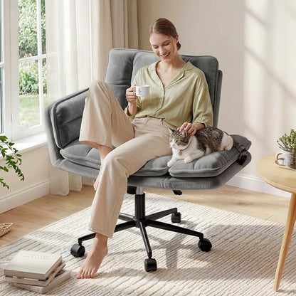 Criss Cross Chair with Wheels, Ergonomic Office Chair with Adjustable Armrests, Vanity Chair with Back for Bedroom, Makeup Room and Office Room, Grey