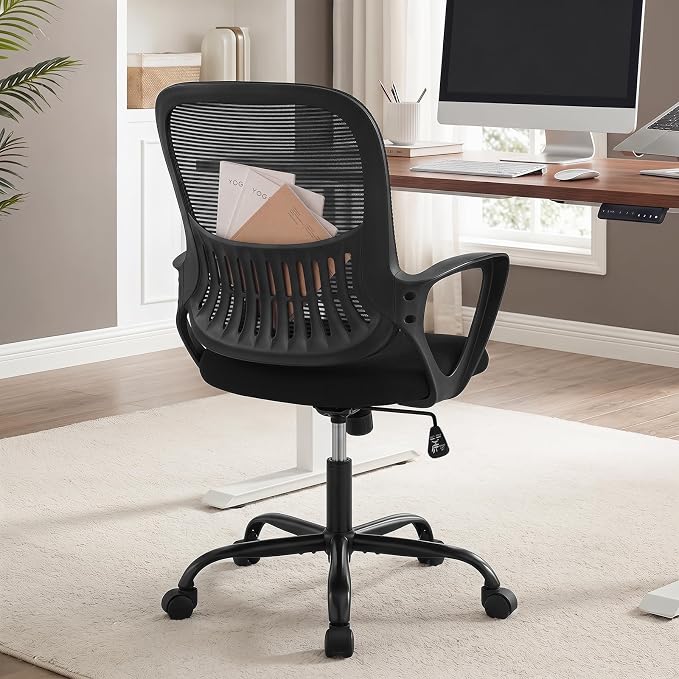 Home Office Desk Chair, Ergonomic Mid-Back Mesh Computer Task Chair with Comfortable Lumbar Support, Height Adjustable Swivel with Fixed Armrest for Adults, Student, Black