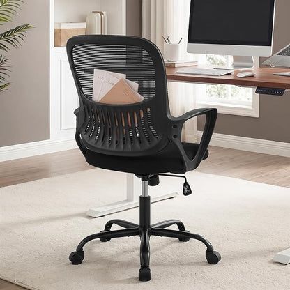 Home Office Desk Chair, Ergonomic Mid-Back Mesh Computer Task Chair with Comfortable Lumbar Support, Height Adjustable Swivel with Fixed Armrest for Adults, Student, Black