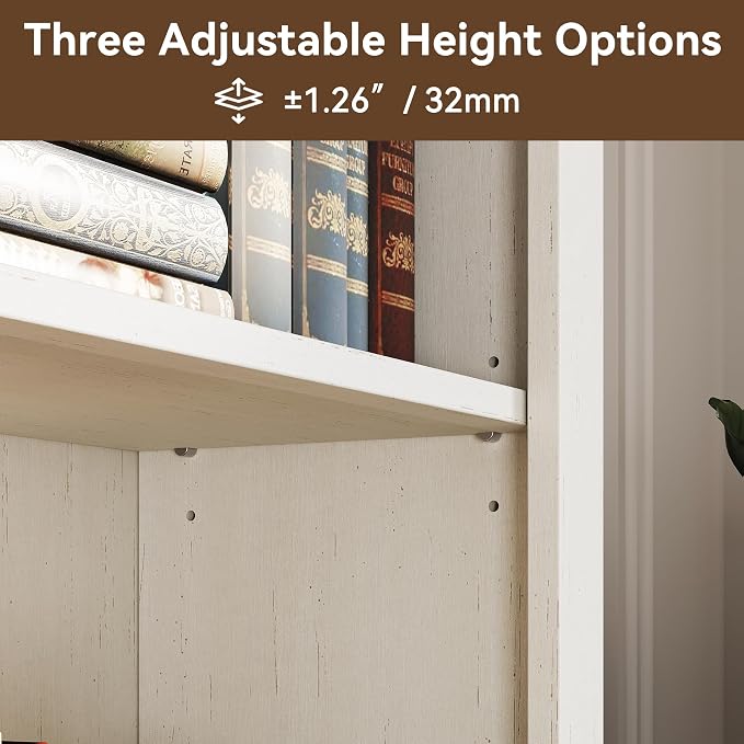 FENSULN 72 in Tall Bookshelf 5 Tier Bookcase with Adjustable Shelves, Antique White Book Shelf with Storage Cabinet, Wood Freestanding Display Bookshelves for Home Office,Bedroom, Living Room(Pack 2)