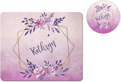 Personalized Mouse Pad and Coaster Custom Desk Set Teacher Appreciation Coworker Gifts Office Decor Cute AccessoriesHandmade (Purple Wreath)