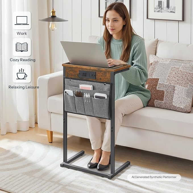 HOOBRO C Shaped End Table with Charging Station, 28" H Couch Side Table Slide Under, Sofa Arm Tray Table with Storage Bag for Living Room, Recliner, Rustic Brown BF70USF01