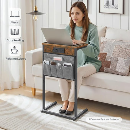 HOOBRO C Shaped End Table with Charging Station, 28" H Couch Side Table Slide Under, Sofa Arm Tray Table with Storage Bag for Living Room, Recliner, Rustic Brown BF70USF01