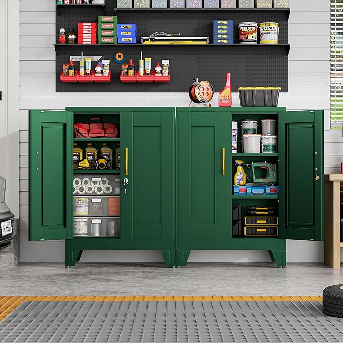 36" Metal Garage Storage Cabinet with Lock,Lockable Office File Cabinet with 2 Doors and 2 Adjustable Shelves,Outdoor Steel Locker Organizer for Home Office,Gym,School,Warehouse(Green)