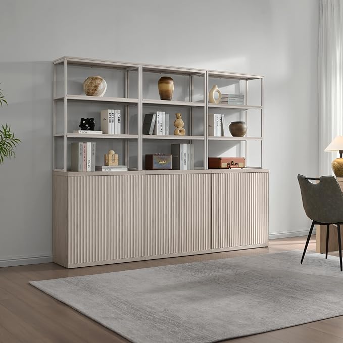SICOTAS Book Shelf Fluted Bookshelf Cabinet - 75" Tall Bookcase 6 Tier Large Bookshelves with Door Storage Modern Triple Wide Book Shelves Case for Living Room Office Library, Metal Frame, White Alder
