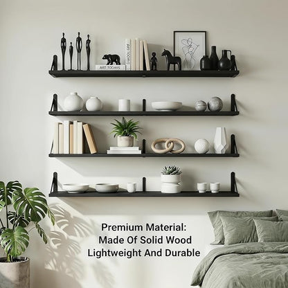Long Wall Shelf,Large Floating Shelves for Wall,Wood Floating Bookshelves Hanging,Book Storage Display for Living Room Bedroom Office Bathroom Decor,4 Pack,36 Inch,Rustic Black