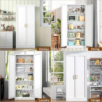 BESFUR 71" Tall White Kitchen Pantry Cabinet, Metal Food Storage Cabinet with 4 Adjustable Shelves, Freestanding Cupboard with Doors for Kitchen, Dining Room, Living Room, Bathroom, Laundry Room