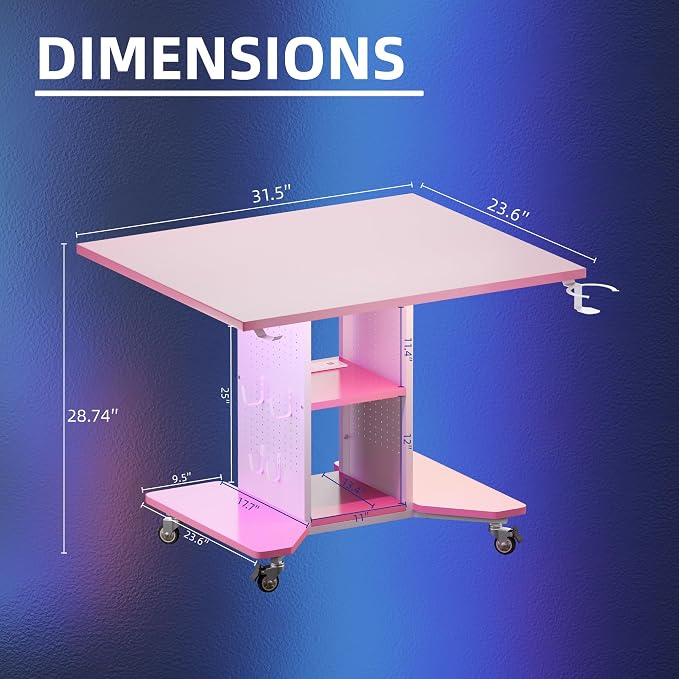 Pamray Small Gaming Desk Rolling Computer Table Pink | Movable, with Led Lights Power Outlets, with Storage Pegboard and Hook, Sturdy, Suitable for Study Gaming Bedroom Dorm