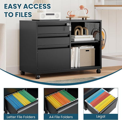 MIIIKO 3 Drawer File Cabinet with Lock, Metal Lateral Rolling Printer Stand Office Storage Filing Cabinets for Home Office,A4, Letter,File Folders(Black)