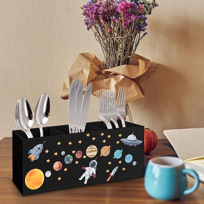 Outer Space Decor Wooden Pen Pencil Holder for Desk, Astronaut Space Themed Bedroom Decor Gift for Kids, The Solar System Wood Makeup Brush Toothbrush Holder Organizer for Library Bedroom