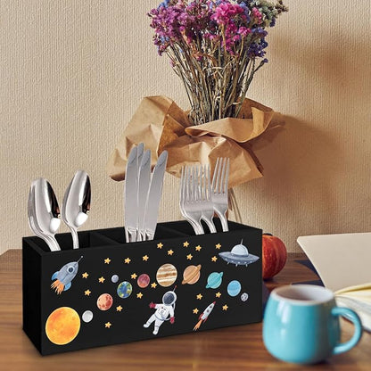 Outer Space Decor Wooden Pen Pencil Holder for Desk, Astronaut Space Themed Bedroom Decor Gift for Kids, The Solar System Wood Makeup Brush Toothbrush Holder Organizer for Library Bedroom