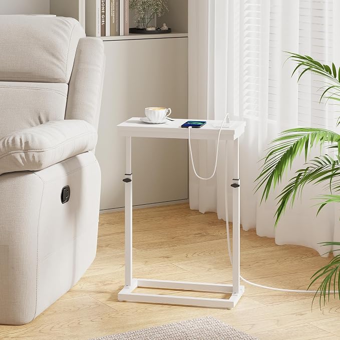TUTOTAK End Table with Charging Station, Side Table, Tall Couch Table, Sofa Table, Living Room, Bedroom,White TB01BW084