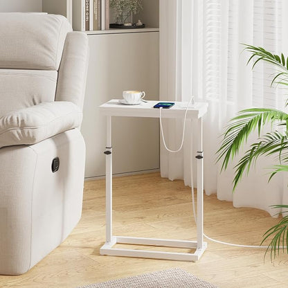 TUTOTAK End Table with Charging Station, Side Table, Tall Couch Table, Sofa Table, Living Room, Bedroom,White TB01BW084