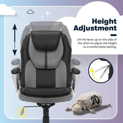 Serta Amplify Executive Office Chair with Faux Leather and Mesh, Adjustable Ergonomic Comfy Seat with Lumbar Support, Modern Computer DeskChairs, Swivel Rolling Wheels, Gray