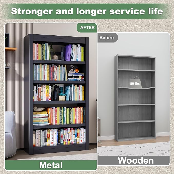 OSEILLC Bookshelf,61 Inch Tall 5-Tier Bookcase, Modern Bookshelves with Adjustable Shelves, Book Shelf for Home Office, Living Room, Garage, Minimalist Lifestyle & Small Space Living(Black)