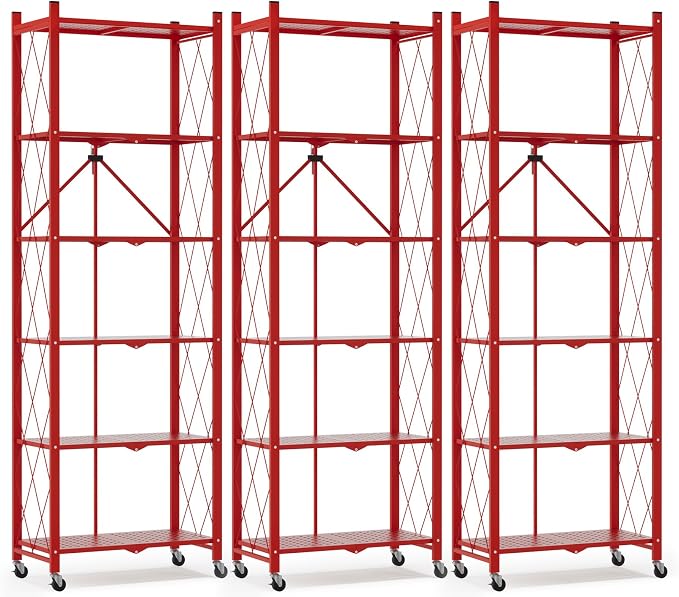 ALANNG 73.6 Inch Folding Bookshelf, 6 Tier Metal Bookcase and Bookshelves, Tall Shelves for Living Room Office Bedroom, Heavy Duty Book Shelve Free Standing Open (Red, 3PACK)